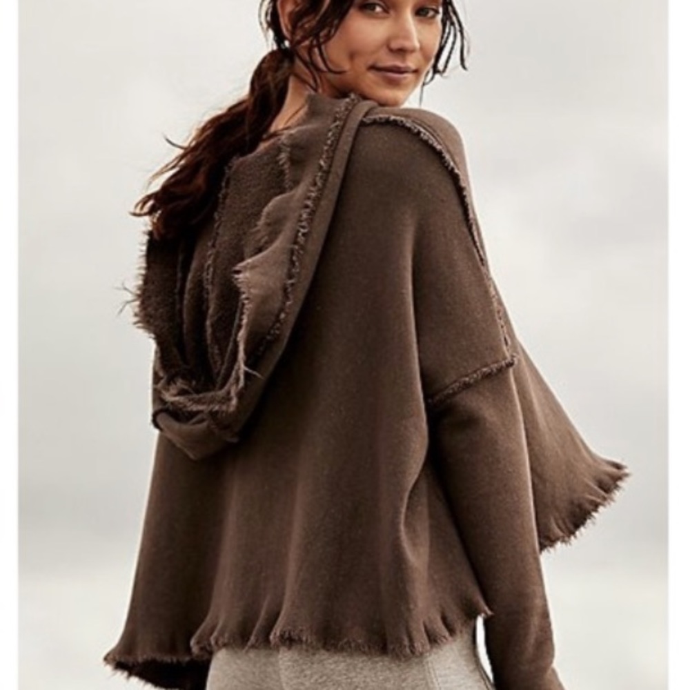 Free People Frayed Hem Hooded Sweatshirt in Brown